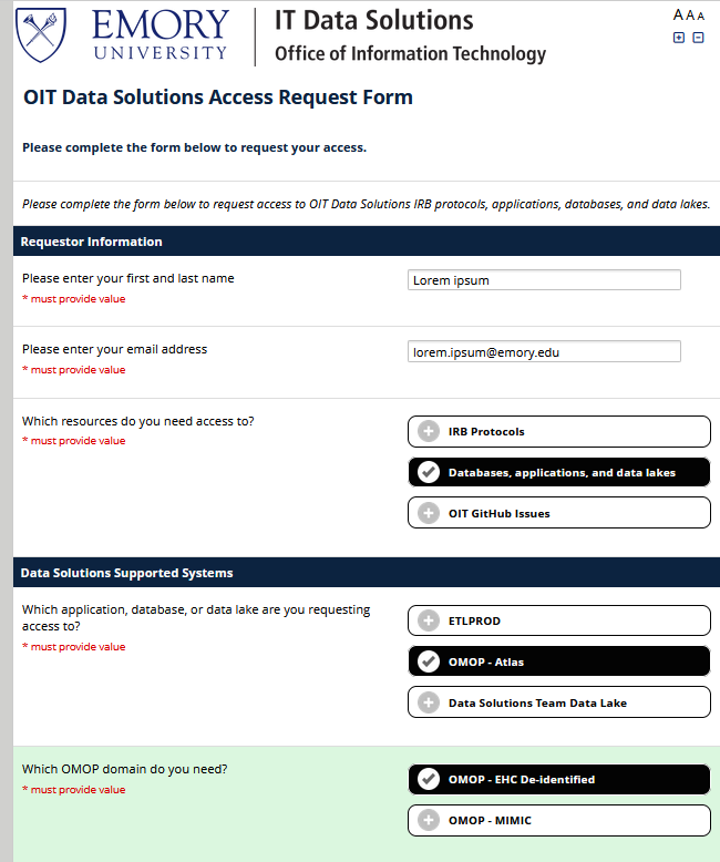 REDCap form showing the correct selections for ATLAS access to de-identified OMOP data