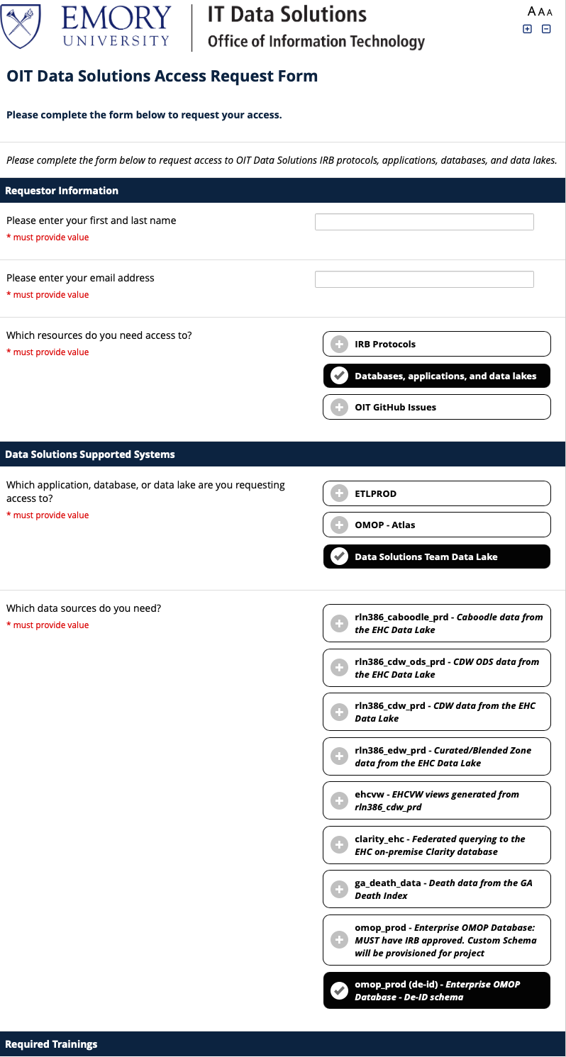 REDCap form showing resource, system, and data source selections for database access