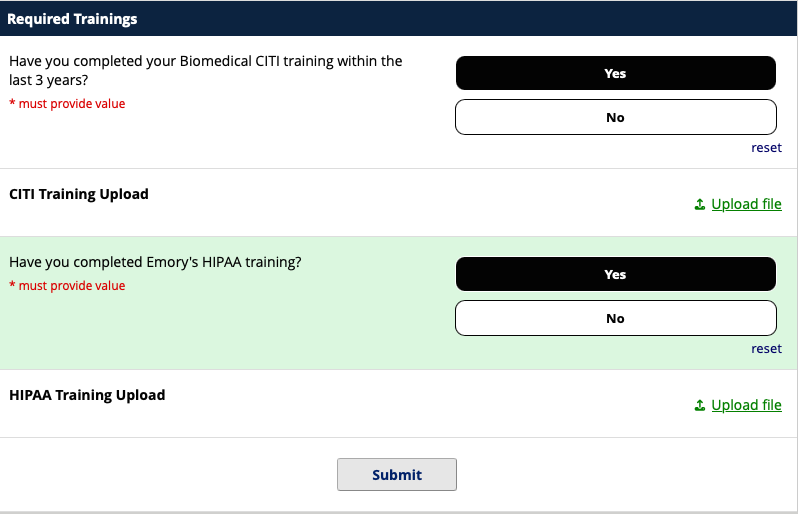 REDCap form showing training confirmations and certificate upload fields